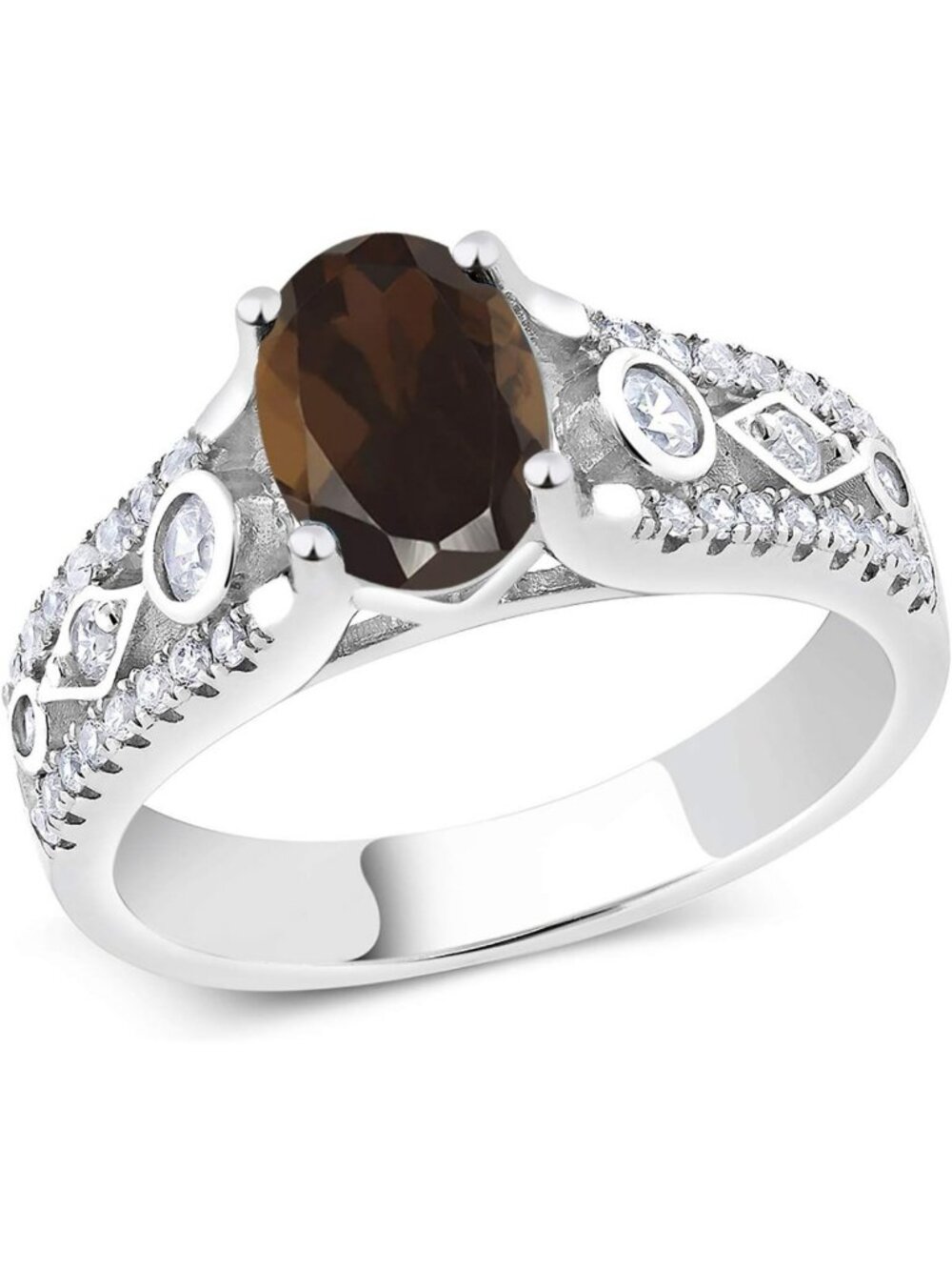 Elegant 925 Sterling Silver Smoky Quartz & White Zirconia Engagement Ring 1.76